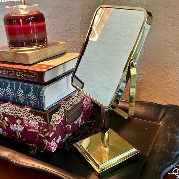 Mid-Century Brass Vanity Mirror on Pedestal Stand – Rectangular Tilt Design - Picture 10 of 14